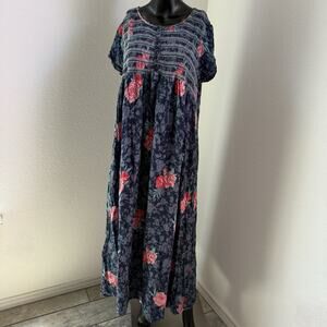 Shyla Floral Smocked Muumuu Dress Size XL Navy Pink Rose Lounger Housecoat